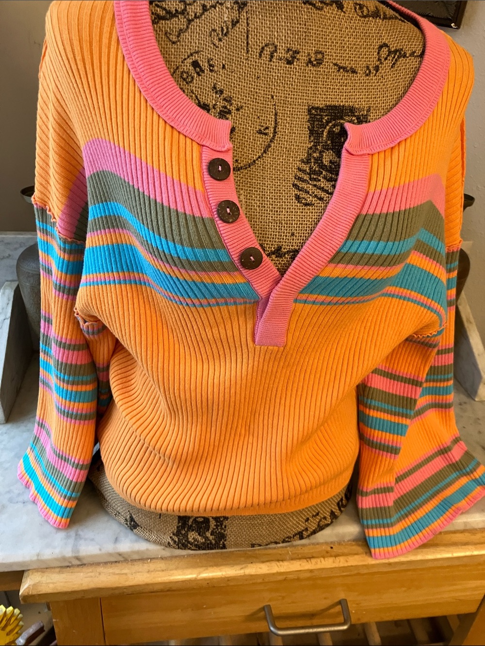 Urban Outfitters Sexy Cute V Neck Sweater Orange Blue Pink Bell Sleeve Sweater S